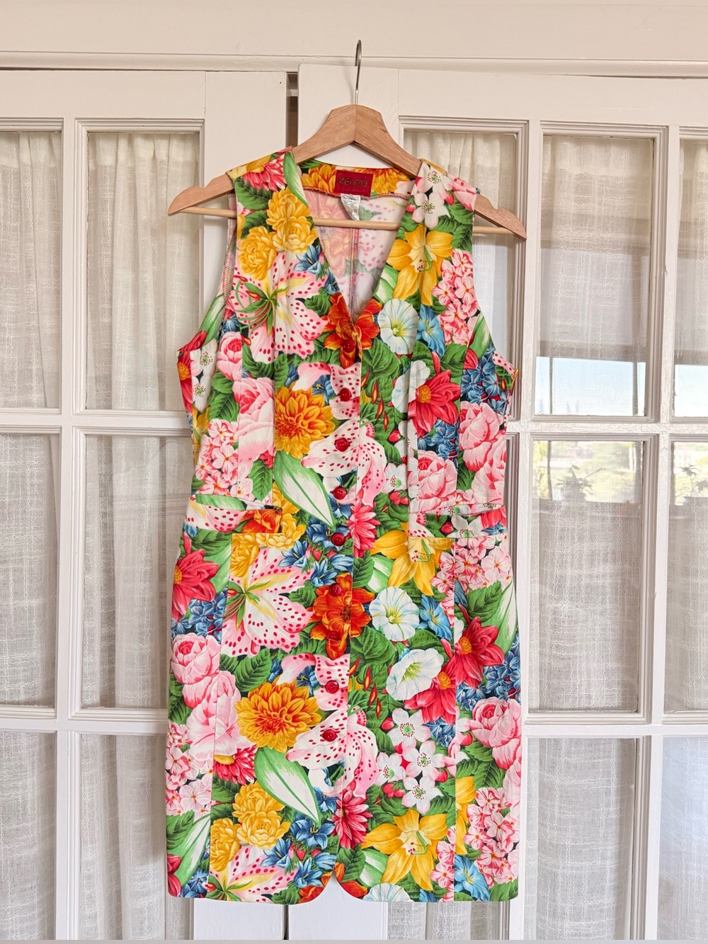 Vintage Kenzo Multicolor Floral Shift Dress in Yellow, Pink, Green, Red
